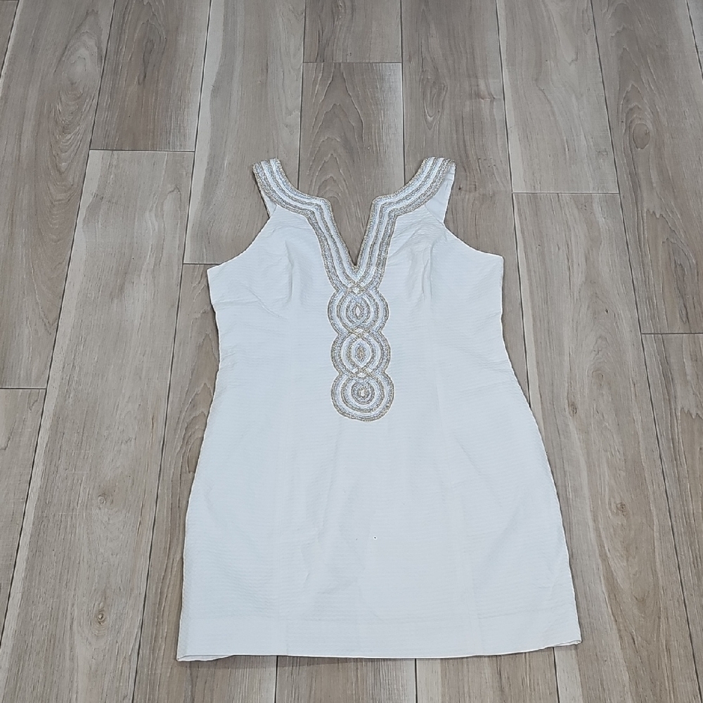 Lilly Pulitzer White Dress with Silver & Gold Embellishments Size 12
